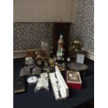 A quantity of miniature clocks, a clock in a dome, 2 pewter hip flasks, a Mathew Norman carriage