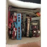 Assorted vintage toy cars and model railway items, Hornby Dublo etc.