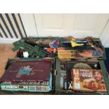 A scratch built wooden toy garage, plus 4 boxes of assorted vintage die cast cars, models and