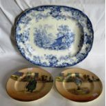 Minton Genevese pattern blue and white transfer printed 46.5cm x 39.5cm and 2 Royal Doulton