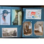 Postcards. An early-20th century album containing approximately 200 postcards, including cartoon &
