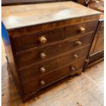 A Victorian crossbanded oak chest of drawers, fluted edge top above two short and three long drawers