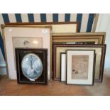 7 Various pictures to include small oil painting set in a garden in a gilt frame together with a