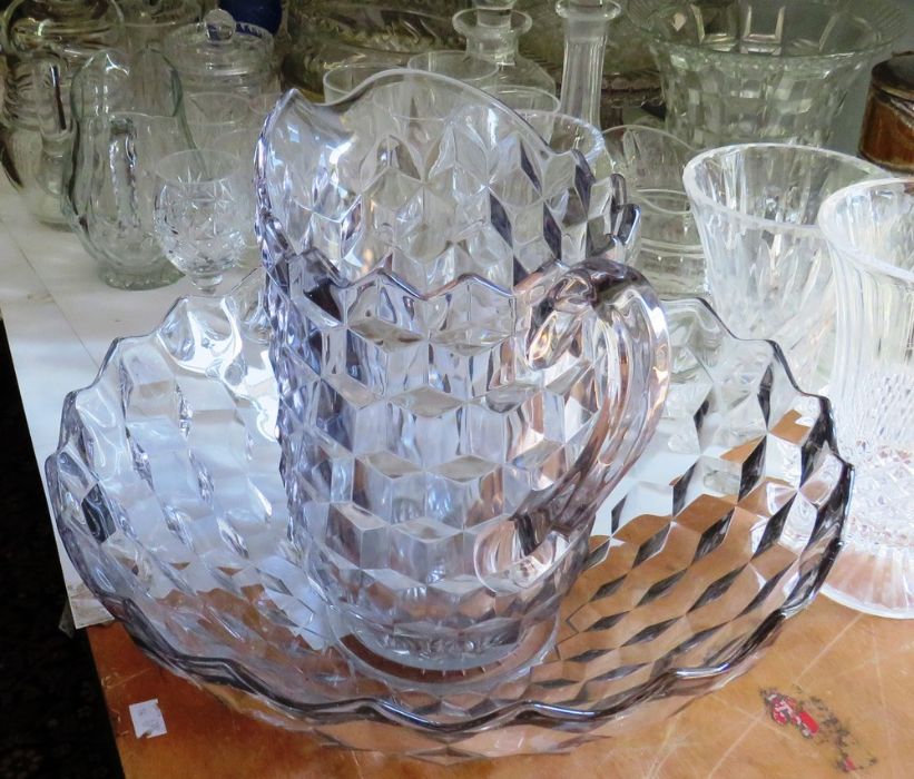 Large quantity of mixed glass wares to include a large wash jug and bowl , vases , decanters bowls - Image 3 of 5