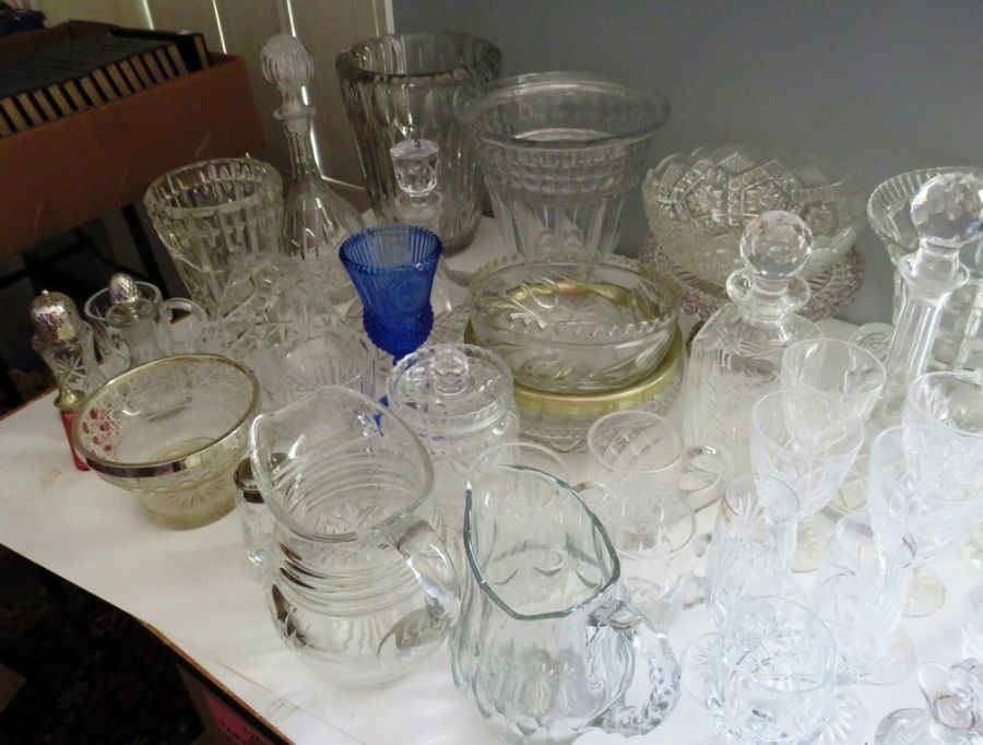 Large quantity of mixed glass wares to include a large wash jug and bowl , vases , decanters bowls - Image 4 of 5