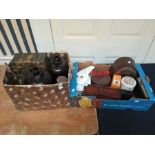2 boxes of miscellaneous to include a 1930s mantle clock, a lacquered glove box, one tin of marbles,