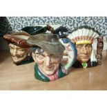 Five various Royal Doulton character jugs, to include The Poacher D6429, Gone Away D6531, Pied Piper
