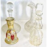 A Victorian mallet shaped decanter, a ship's decanter a Victorian etched glass jug and a vase  (4)