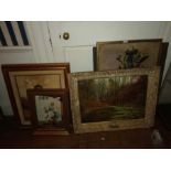 6 Various pictures to include oil painting in gilt frame (AF) oil painting on canvas of flowers