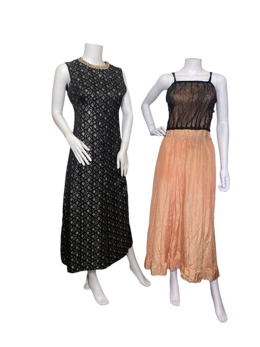 4 vintage dresses to include a 1940s make do and mend slip dress (s/d), an empire line gown in black