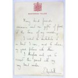 HM Queen Elizabeth II (1926-2022). Facsimile letter on Buckingham Palace letterhead bearing Turkey