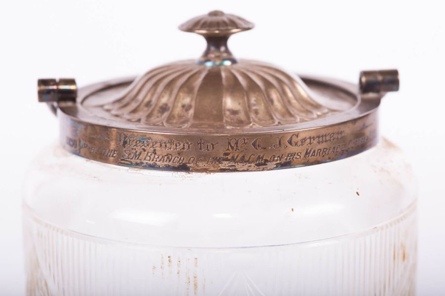 An Edwardian sterling silver lidded, cut glass, biscuit barrell. With engraved dedication to - Image 3 of 3