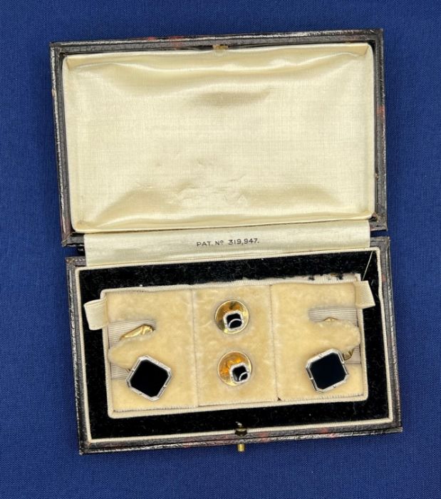 A set of Art Deco platinum and 9ct gold dress studs and cufflinks in an octagonal geometric shape,