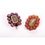 A pair of early 19th century yellow metal sentimental hair brooches - one is set with 12 coral