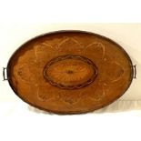 A Thomas Sheraton revival mahogany, satinwood and marquetry strung twin handle tray, wavy full