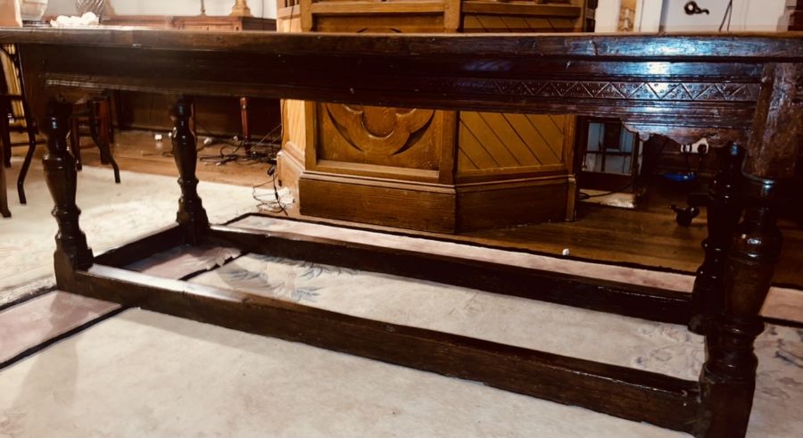 A Charles I oak refectory table, circa 1630, two plank top, raised on baluster on block supports - Image 4 of 6