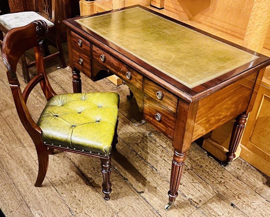 A William IV and later mahogany writing table, leather inlay writing surface with moulded edge