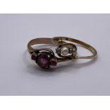 Two dainty dress rings. One a pink sapphire and yellow metal ring - unmarked - gross weight