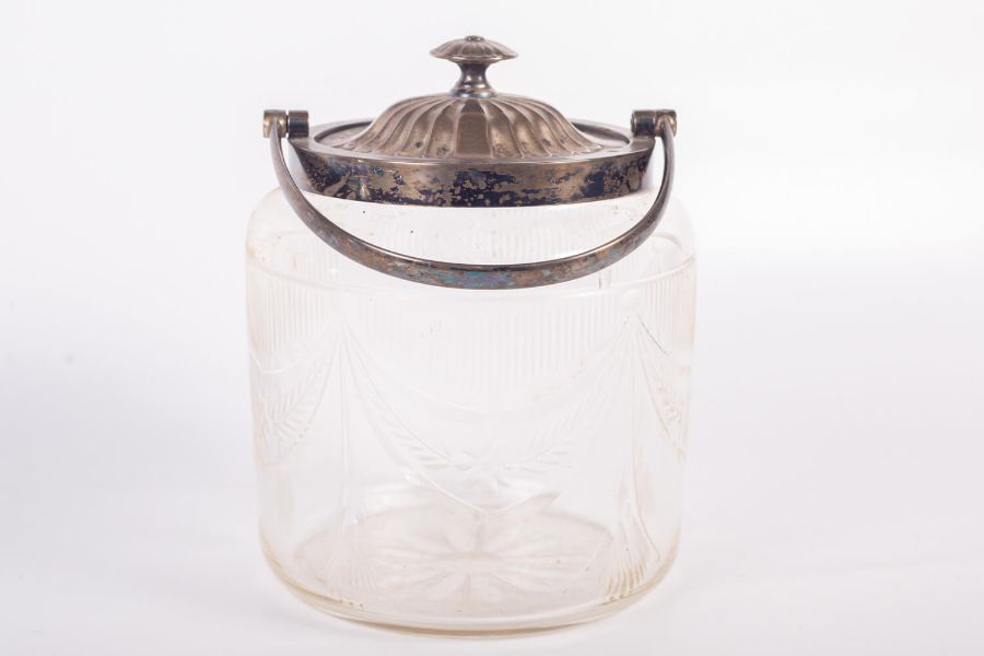 An Edwardian sterling silver lidded, cut glass, biscuit barrell. With engraved dedication to - Image 2 of 3