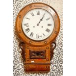 A Victorian mahogany, boxwood and marquetry 8 day wall clock, circular dial, Roman numerals, twin