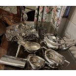 A selection of plate tablewear comprising an EPNS part tea set of teapot, milk jug and sugar bowl; a