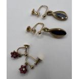 Two pairs of 9ct gemset screwback earrings - one pair of ruby and diamond cluster earrings the