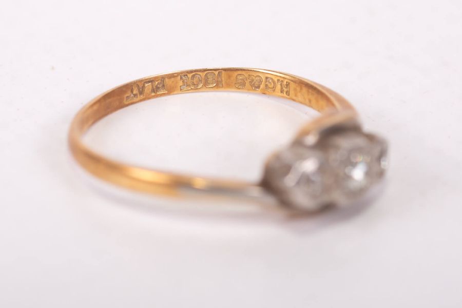An early 20th century diamond trilogy ring, in yellow metal stamped 18ct Plat. Gross weight - Image 2 of 3