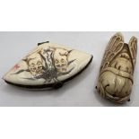 A bone cicada netsuke along with a Japanese bone pill box with cat decoration. (2)