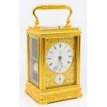 A good French Carriage Clock and case with alarm and repeat. Two-train spring-driven movement,
