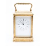 A Drocourt of France carriage clock with engraved brass case. Two-train spring-driven movement,