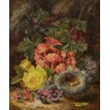 Oliver Claire, still life flowers and birds nest, signed oil on canvas, dated 1919, 34.5 x 29cms
