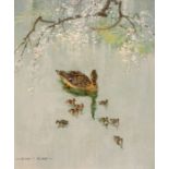 Vernon de Beauvoir Ward ARBA, British 1905–1985 Mallard and Ducklings with prunus tree oil on