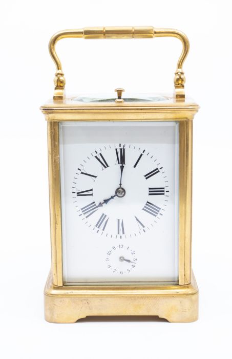 French 8-day Petite sonnerie carriage clock with repeat and alarm on a gong, in a brass cornice case