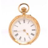 A late Victorian early Edwardian ladies open faced 18ct gold pocket watch, white enamel dial with