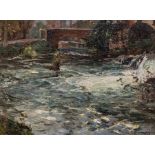 Samuel John Lamorna Birch  (1869-1955) The weir before the bridge and waterfall oil on canvas, 46