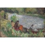 French School (early 20th Century) Figures on a Riverbank  oil on panel, 20 x 30cm, framed