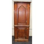 An early 19th century pitched pine floorstanding corner cupboard, the inverted breakfront cornice