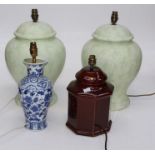 A pair of late 20th century apple green matt glazed table lamps of baluster form, 44cm together with