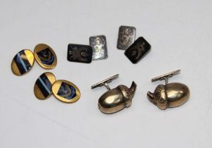 Three pairs of vintage cufflinks, one a pair of Niello work cufflinks with Thai religious figures