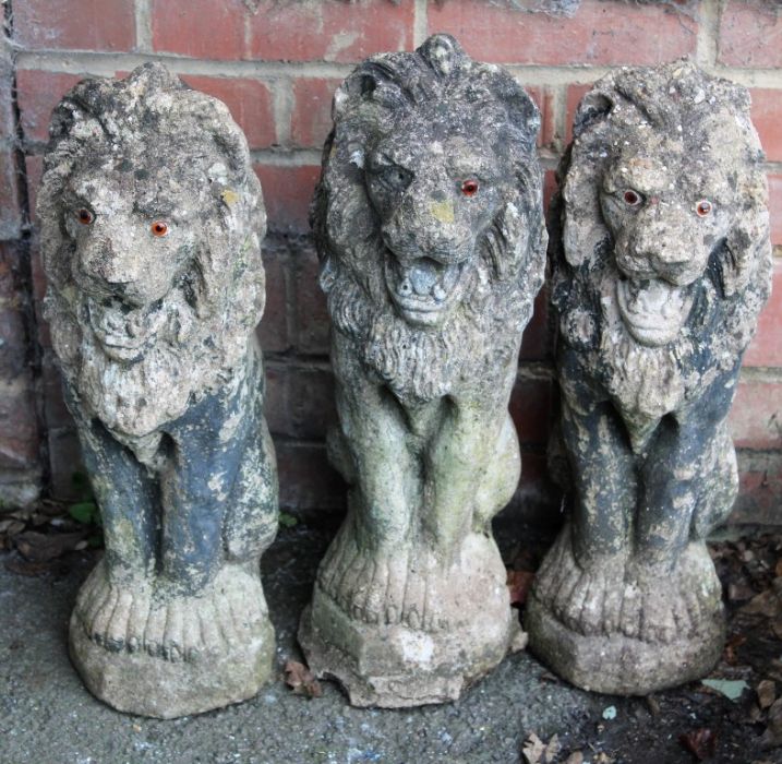 Three nicely weathered reconstituted stone lions, each modelled seated upon hind paws with open