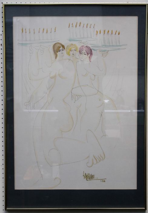 20th century European School Three dancing nudes, each holding a celebration cake, ink and - Image 2 of 2