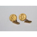 A pair of 1899 Jubilee head  Victorian half sovereign coins soldered onto 9ct stamp chain cufflink
