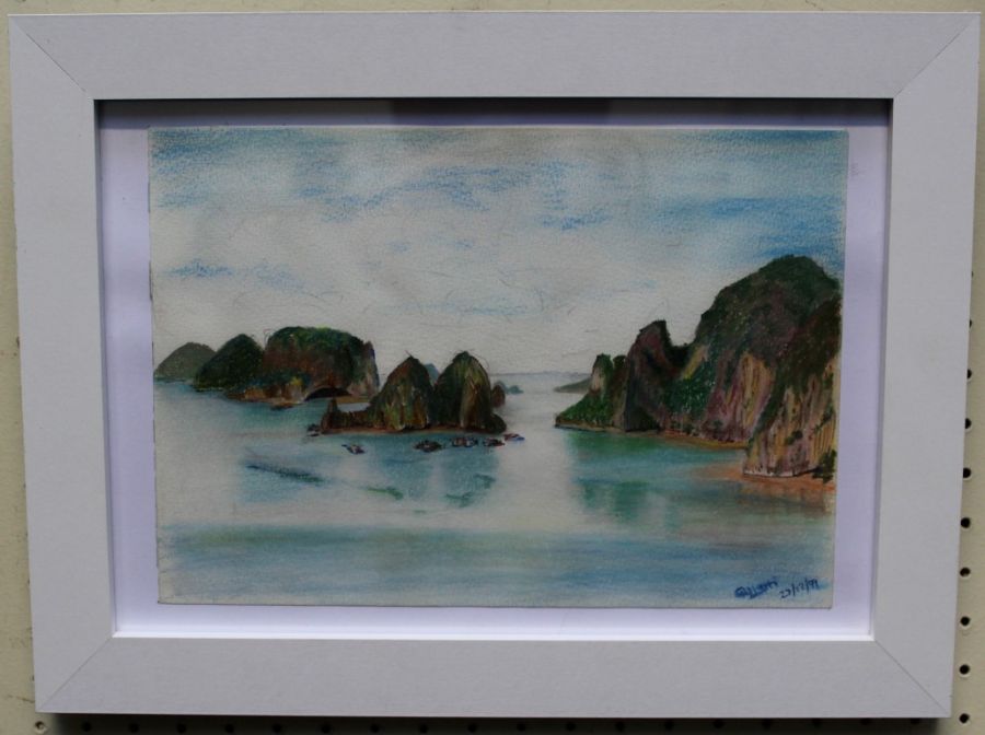 Timothy Onishi (20th English School) View over Ha Long Bay, pastel, signed and dated 27/12/99