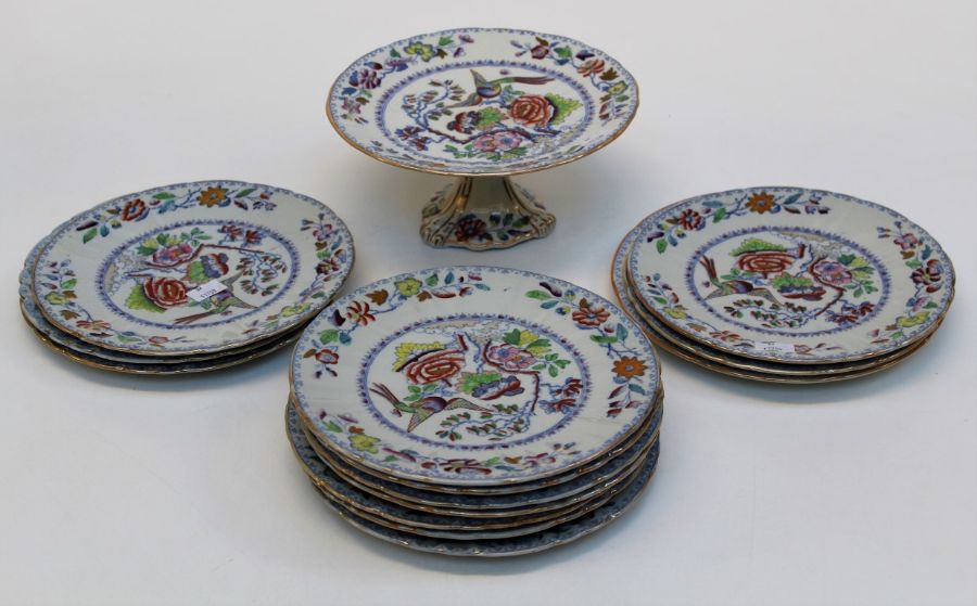 Thirteen 19th century Masons Ironstone 23cm diameter plates, each polychrome decorated in the