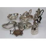 A large mixed lot of EPNS to include spirit kettle, part tea and coffee services, condiments, trays,