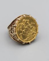 An 1891 Victoria sovereign ring in a yellow metal mount stamped 9ct, gross weight 14.8gm