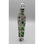 A sterling silver fragrance bottle in the Art Nouveau style, with a hinged lid, stopper and green
