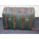 An Edwardian canvas, wood bound, dome top cabin trunk, 85cm wide