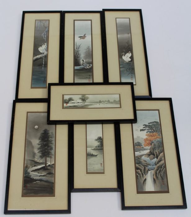 A set of three early 20th century Chinese watercolours, each signed and with red seal mark, 30 x 5