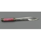 John Henry Hill, a George V silver and pink guilloche enamel paper knife/ writing companion. The